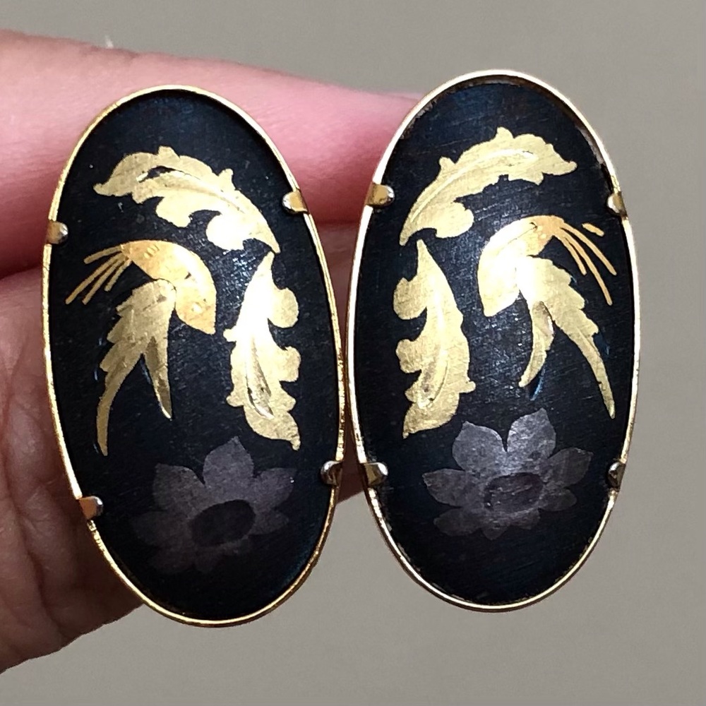 Vintage Damascene Clip On Oval Earrings